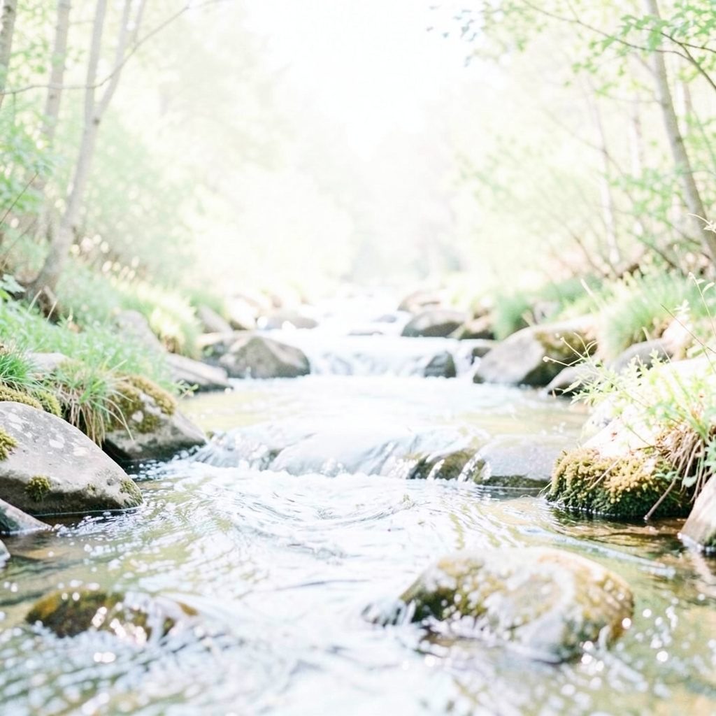 A fast flowing creek surrounded by greenery under bright daylight